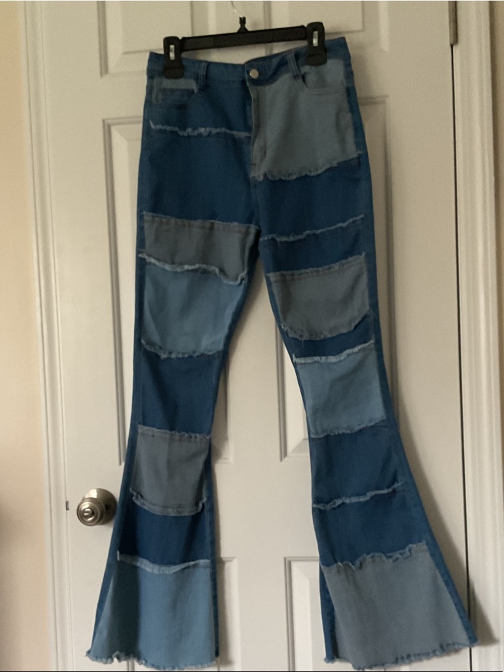 High-Waist Frayed Hem Blue Flare Jeans